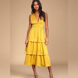 Lulus: Peak Party Vibe Mustard Yellow Satin Tiered Tie-Back Midi Dress